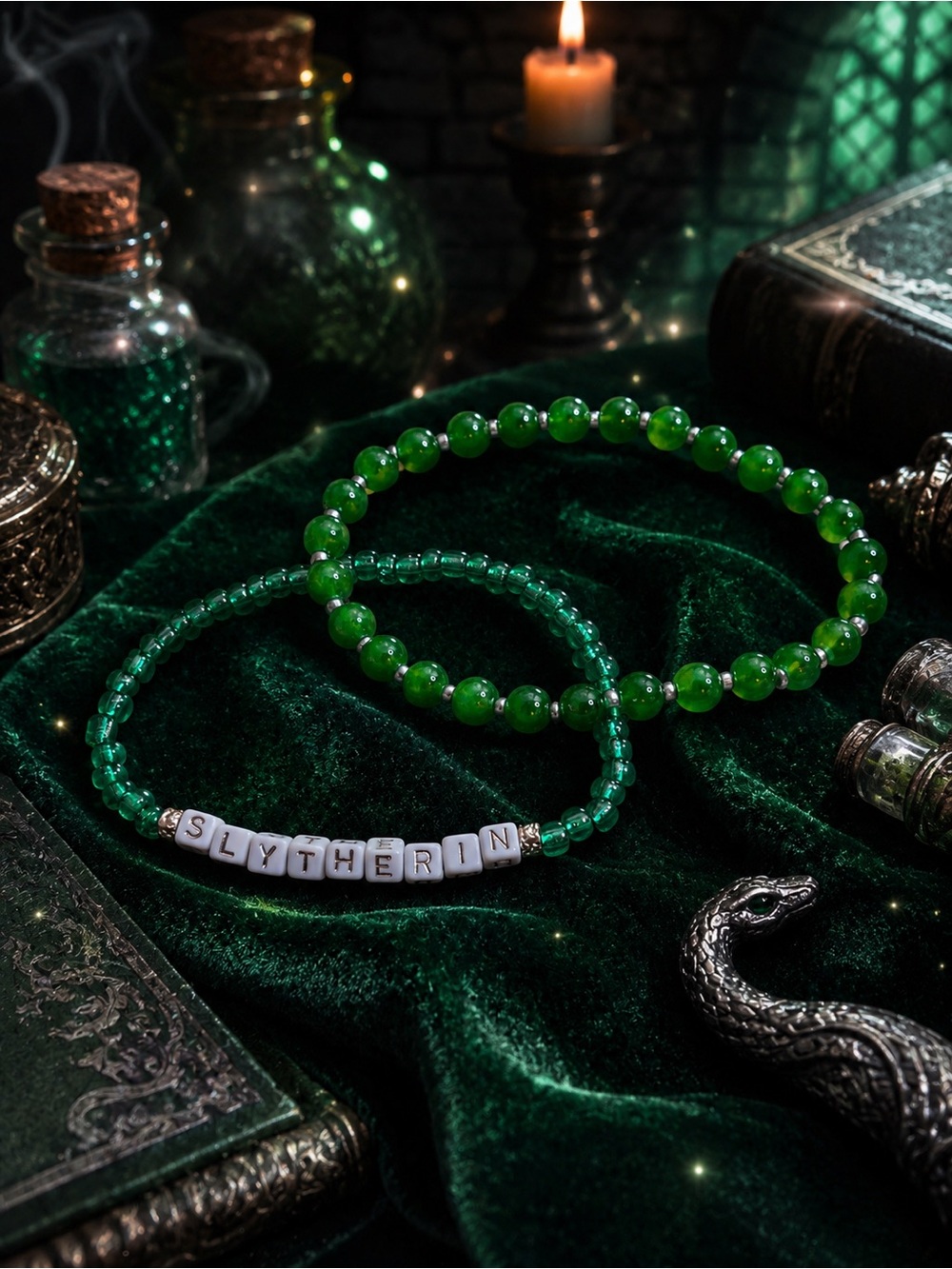 Slytherin Inspired Green Bracelet Set | Magical Emerald Beaded Duo 9”